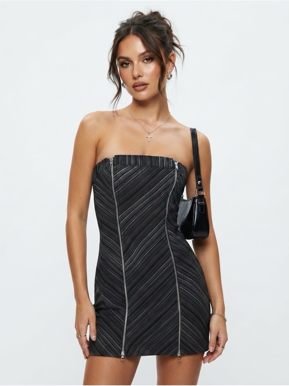 Y2K Le Château Black and Gray Pinstripe Mini Dress with Zippers Size XXS